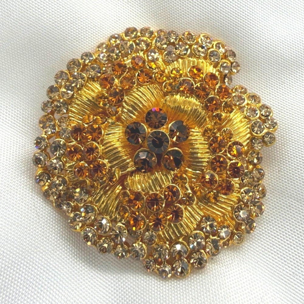 Vintage Gold Tone Rhinestone Flower Brooch Amber‎ Topaz Crystal Floral Pin
